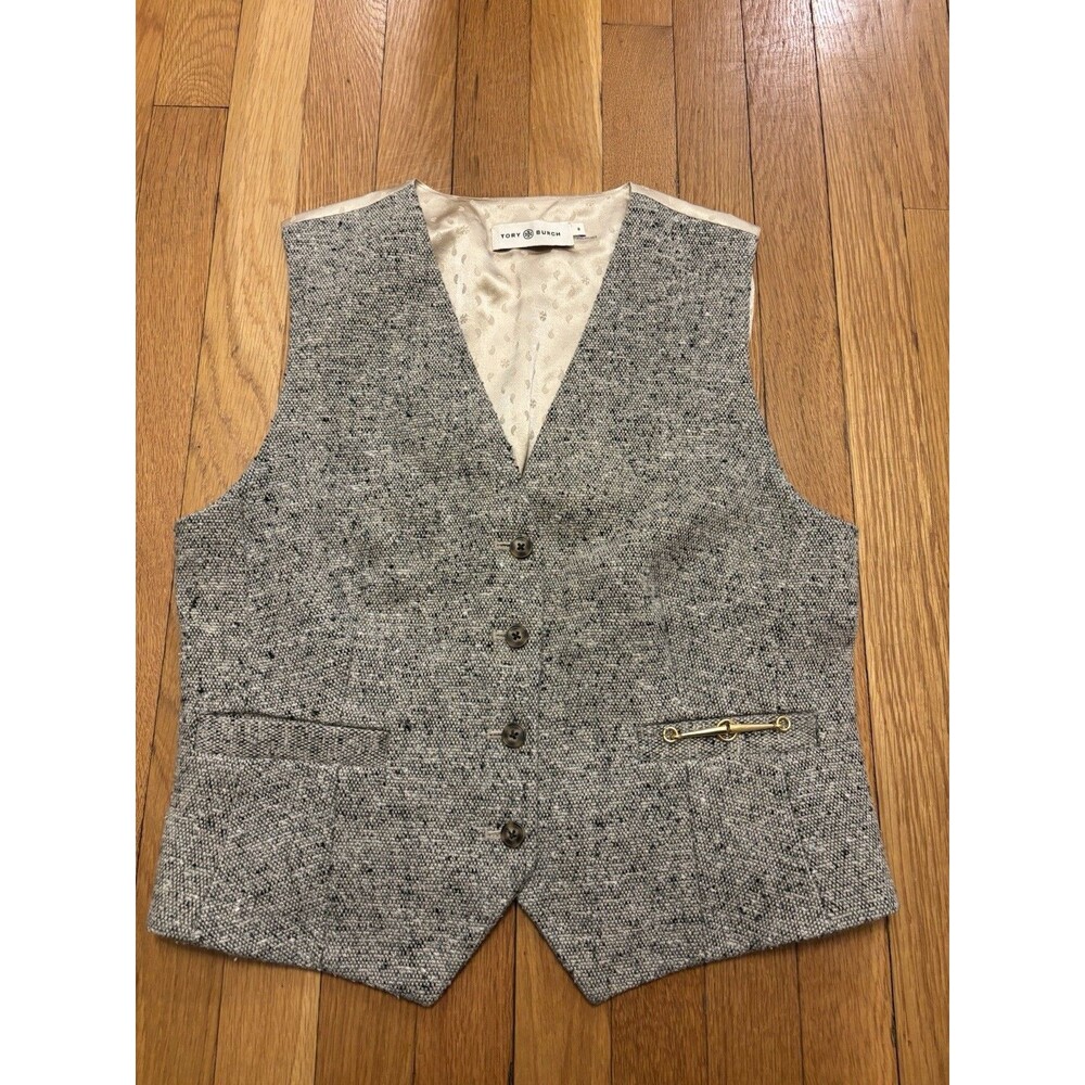Tory Burch Linen Wool Vest Tweed Size 8 Grey Button Up Silk Back Suit Top